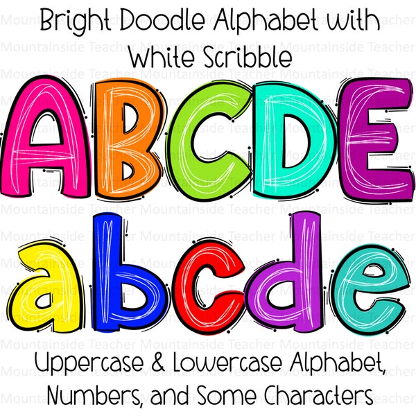 Scribble Letters, Bright Doodle Alphabet, PNG Bundle, Doodle Sublimation, Alpha Set Designs, PNG Clipart, Hand Drawn Alpha pack, PNG Font