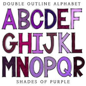 Bloco de letras de contorno duplo tons de roxo pacote rabisco sublimação alfabeto conjunto designs PNG maiúsculas e minúsculas mão desenhada pacote alfa