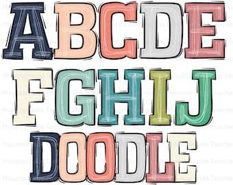 Può includere: Lettere dell'alfabeto colorate e la parola "DOODLE" in un carattere giocoso e delineato. Le lettere sono in vari colori pastello, tra cui blu, rosa, verde e beige, con uno sfondo bianco.