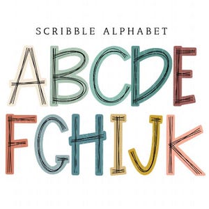 Blunt Edge Scribble Doodle Letras Boho Cores PNG Pacote Alfabeto Sublimação Desenhos PNG Fonte Maiúsculas e Minúsculas Desenhado à Mão pacote alfa