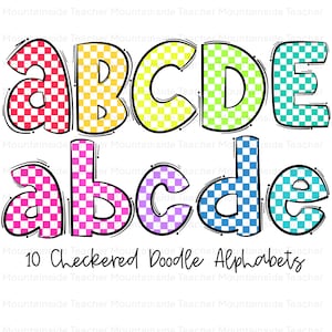 Lettere Doodle a scacchi, Alfabeto luminoso, PNG, Sublimazione Doodle, Design Alpha, PNG, Alfa disegnato a mano, download digitale, Motivo a scacchi