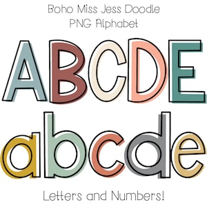 Boho Block Doodle Letras Off Centered Alphabet PNG Bundle Doodle Sublimation Alpha Set Designs PNG Pacote alfa maiúsculo e minúsculo