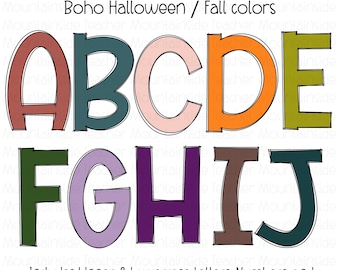 Boho Halloween Color Block Doodle Letters Alphabet PNG Doodle Sublimation Alpha Set Designs PNG Uppercase & Lowercase Hand Drawn alpha pack