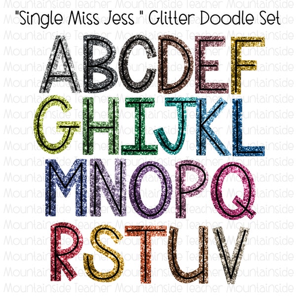 Block Letters, Colorful Glitter Doodle Alphabet, PNG Bundle, Sublimation, Alpha Set, PNG, Hand Drawn Alpha pack, PNG Font, Alphabet Letter