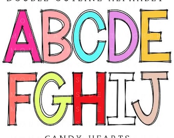 Doppelumriss-Druckbuchstaben Valentine Helle Farben Bundle Doodle Sublimation Alphabet Set Design Groß- und Kleinbuchstaben, handgezeichnetes Alpha-Pack