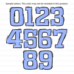 May include: A set of blue numbers with white outlines, drawn in a hand-drawn style. The numbers are 0 through 9.