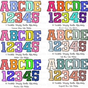 May include: A digital illustration of five different color palettes for varsity doodle alphabet and number designs. The color palettes are labeled "Summer Douss", "Teal t. Noner", "Malibu", "Soft Boho", and "Rainbow".