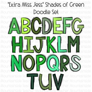 May include: A set of uppercase letters A through V in a hand-drawn doodle style. The letters are outlined in black and filled with various shades of green.