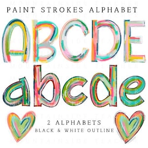 Traits de peinture Doodle lettres couleurs vives PNG lot de sublimation alphabet ensembles de conceptions PNG majuscules et minuscules dessinés à la main pack alpha