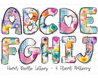 Watercolor Floral Alpha Doodle Letters PNG, floral alphabet png, bright colorful alpha, floral numbers png, alpha doodle letters, png flower