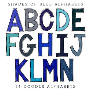 Doodle Letters Block Letters Tons de Blue Bundle Doodle Sublimation Alphabet Set Designs PNG Maiúsculas e Minúsculas Hand Drawn alpha pack