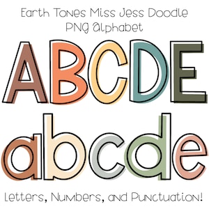 Block Doodle Letters, Earth Tones Alphabet, Sublimation Set, PNG Doodle Font, Classroom Decor, Bulletin Board Letters, Off Centered Color