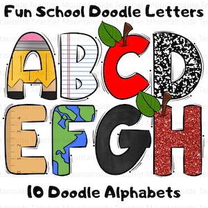 Schul-Doodle-Bleistift-Papier-Globus-Schriftart PNG-Alphabet: Buchstaben für den Schulanfang (Digitaler Download)