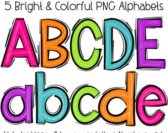 Scribble Letters, Bright Doodle Alphabet, PNG Bundle, Doodle Sublimation, Alpha Set Designs, PNG Clipart, Hand Drawn Alpha pack, PNG Font