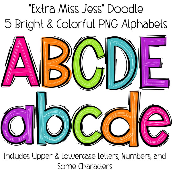 Scribble Letters, Bright Doodle Alphabet, PNG Bundle, Doodle Sublimation, Alpha Set Designs, PNG Clipart, Hand Drawn Alpha pack, PNG Font