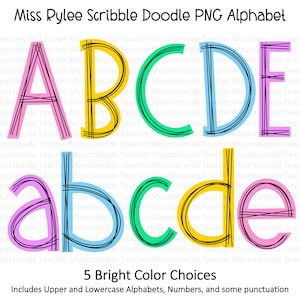 Blunt Edge Scribble Doodle Letras Cores Brilhantes PNG Pacote Alfabeto Sublimação Conjunto Designs PNG Maiúsculas e Minúsculas Pacote alfa desenhado à mão
