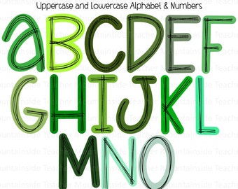 Scribble Letters, Sublimation Doodle Alphabet, Shades of Green Doodle Letters, Alpha Set, PNG Clipart, Hand Drawn, Doodles, PNG Letters,