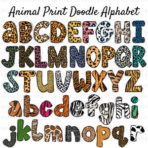 May include: A digital graphic titled Animal Print Doodle Alphabet featuring uppercase and lowercase letters A through R. Each letter is filled with various colourful animal patterns including leopard, cheetah, tiger, zebra, and snake skin prints.