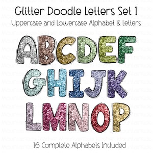 Glitter Doodle Alfabeto PNG Doodle Sublimação Alfa Conjunto Design PNG Maiúsculas e Minúsculas Desenhado à Mão Alpha Pack Alfabeto de Sublimação clipart