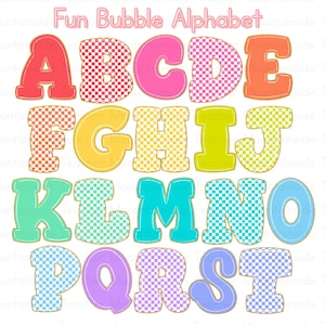 May include: Colorful bubble letters of the alphabet, each with a unique color and pattern. The letters are outlined in gold and arranged in rows. The text "Fun Bubble Alphabet" is at the top.