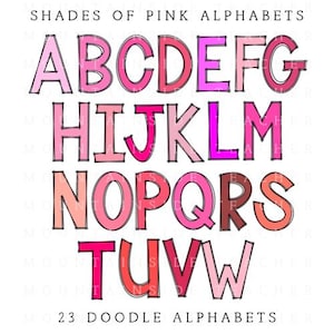 Pacote de letras em blocos de contorno duplo tons de rosa Doodle Sublimação Conjunto de designs de alfabeto PNG Maiúsculas e minúsculas Pacote alfa desenhado à mão