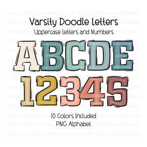 バーシティ文字アルファベット、ボヘミアンカラーPNG、落書き文字、手描きアルファベット落書き、昇華アルファセットデジタルダウンロード、昇華