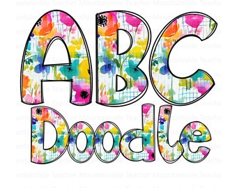 Colorful Floral Doodle letters, Hand Drawn Doodle Alpha Bundle Patterned Numbers & Alphabet Doodle Set Sublimation Font PNG Letters