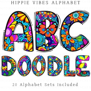 以下が含まれることがあります： A、B、C、D、O、O、D、L、Eの文字が描かれたカラフルでサイケデリックなアルファベットの落書き。文字は花、渦巻き、点など、さまざまなパターンで満たされています。画像の下部には「20 Alphabet Sets Included」というテキストがあります。