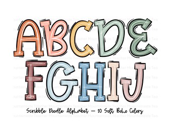 Scribble Doodle Alphabet, PNG Bundle, Sublimation, Alpha Set, Clipart, PNG Font, Digital Download, 10 Soft Boho Alphabets, Handdrawn Alpha