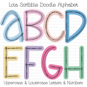 Pastel Scribble Doodle Letras Alfabeto PNG Paquete Doodle Sublimación Alpha Set Diseños PNG Mayúsculas y minúsculas Dibujado a mano Letras de primavera