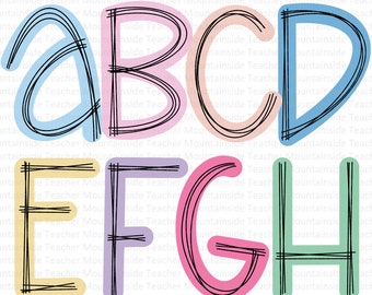 Pastel Scribble Doodle Letters Alphabet PNG Bundle Doodle Sublimation Alpha Set Designs PNG Uppercase & Lowercase Hand Drawn Spring letters
