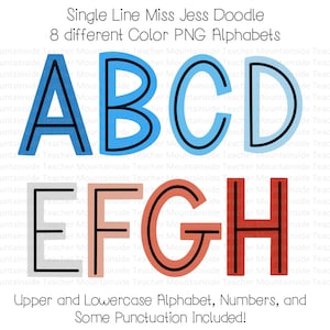 Block Doodle Letters Reds and Blue Color Tones Center Line Alphabet PNG Bundle Doodle Sublimation Alpha Set Designs Hand Drawn alpha pack
