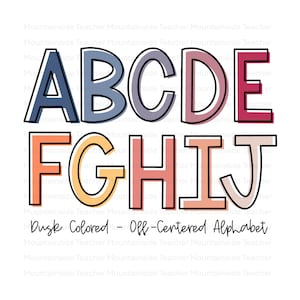 Letras de bloco de doodle, alfabeto de doodle de crepúsculo, conjunto de sublimação, fonte de doodle PNG, decoração de sala de aula, letras de quadro de avisos, cor descentralizada