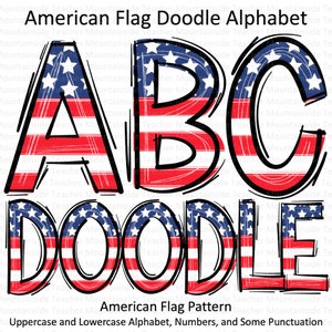 American Flag Alphabet & Numbers Scribble Letters Patriotic Alphabet PNG 4th of July Alphabet PNG 4th of July Sublimation Patriotic Clipart