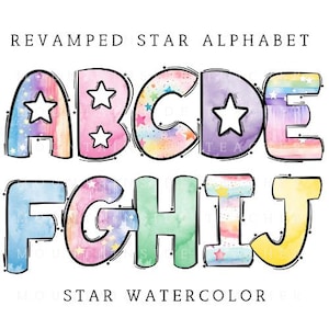 カラフルな水彩落書き文字、手描き落書きアルファバンドルパターン数字とアルファベット落書きセット昇華フォントスターPNG文字