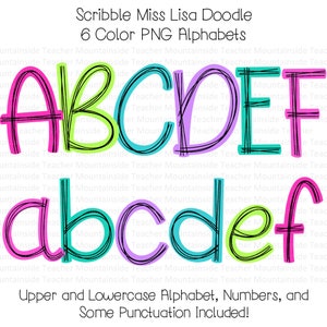 Scribble letters PNG 6 Colors, PNG Alphabet, Sublimation Letters, Alpha, Doodle Letters, Alphabet PNG, Hand Drawn, Digital Download, clipart