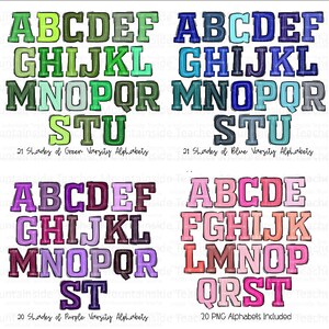 May include: Four sets of varsity letter alphabet graphics in green, blue, purple, and pink. Each set includes 20-21 letters with a variety of shades of each color. The text below each set indicates the number of shades and the color of the letters. The last set of letters is labeled "20 PNG Alphabets Included".