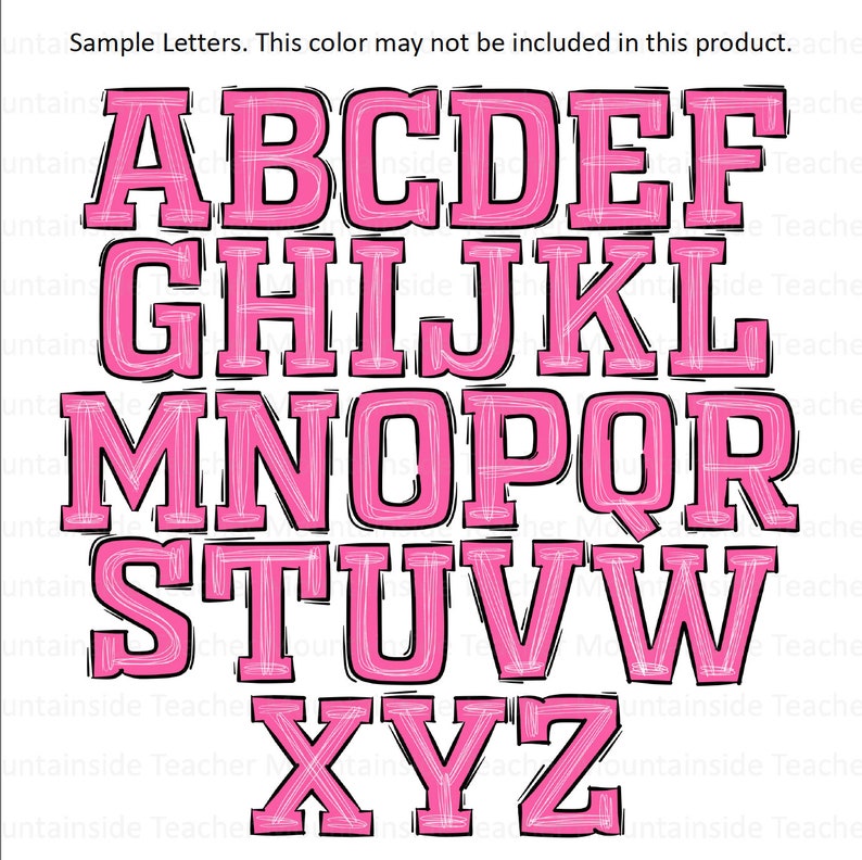 May include: A set of pink alphabet letters with a white outline and a black border. The letters are in a bold, blocky font style.