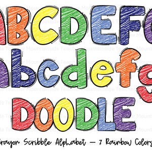 Kleurpotlood krabbel doodle alfabet, png-bundel, sublimatie, alfaset, clipart, png-lettertype, digitale download, 10 ROYGBIV-alfabetten, handgetekende