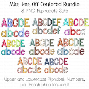 May include: Eight sets of colorful, off-centered alphabet letters in uppercase and lowercase. Each set has a different color scheme. The text "Miss Jess Off Centered Bundle" and "8 PNG Alphabets Sets" is at the top of the image. The text "Upper and Lowercase Alphabet, Numbers, and Punctuation Included!" is at the bottom of the image.