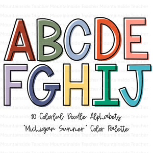 Doodle blokletters, kleurrijk doodle alfabet, sublimatieset, doodle png-lettertype, klasdecor, prikbordletters, png-lettertype