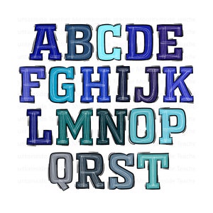 Letras de rabiscos universitários, alfabeto de rabiscos azuis, pacote PNG, sublimação, designs de conjunto alfa, clipart PNG, pacote alfa desenhado à mão, fonte PNG