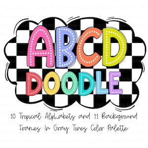 以下が含まれることがあります： 白のドットがついたバブルのようなフォントで書かれたA、B、C、Dのカラフルなアルファベットデザイン。文字は一列に並べられ、その下に同様のフォントで「DOODLE」という言葉が書かれています。背景は白黒の市松模様です。