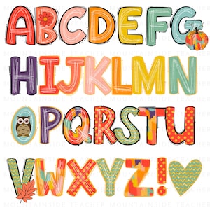 May include: A colorful alphabet design featuring letters A through Z, with a variety of patterns and colors. Some letters have floral or pumpkin accents. The design includes an owl and a heart. The text "MOUNTAINSIDE TEACHER" is visible.