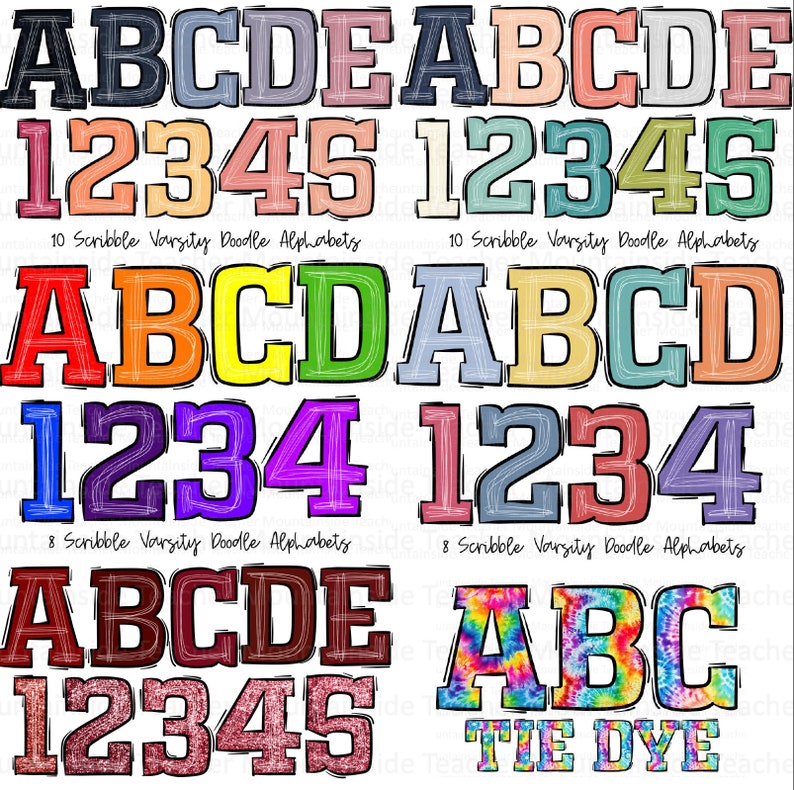 May include: A set of 10 varsity doodle alphabet letters and numbers in various colors, including red, orange, yellow, green, blue, purple, and pink. The letters and numbers are outlined in black and have a scribbled effect. The text "10 Scribble Varsity Doodle Alphabets" is included in the image.