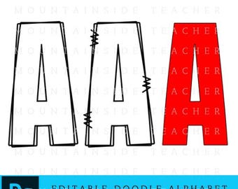 May include: An image featuring the word "A" in three different styles. Two are outlined in black, and one is solid red. The text "EDITABLE DOODLE ALPHA" is at the top, with additional text at the bottom, including "Photoshop and PNG Options."