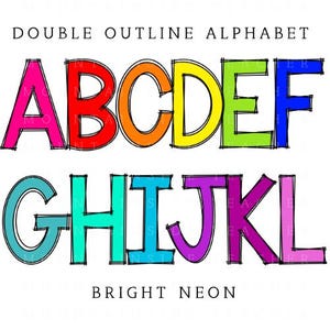 Dubbele lijn doodle letters alfabet png bundel doodle sublimatie alfa decorontwerpen png hoofdletters en kleine letters handgetekende alfapakket regenboog