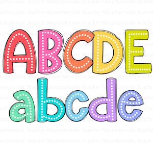Letras pontilhadas, alfabeto de Doodle brilhante, pacote PNG, sublimação de Doodle, designs de conjuntos alfa, clipart PNG, pacote alfa desenhado à mão, fonte PNG