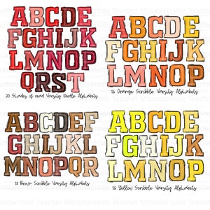 May include: Four sets of varsity letter alphabet graphics in different colors. The first set is red, the second is orange, the third is brown, and the fourth is yellow. Each set includes the letters A through T. The text below each set describes the number of shades and the type of alphabet.