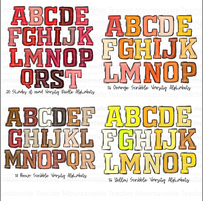 May include: Four sets of varsity letter alphabet graphics in different colors. The first set is red, the second is orange, the third is brown, and the fourth is yellow. Each set includes the letters A through T. The text below each set describes the number of shades and the type of alphabet.